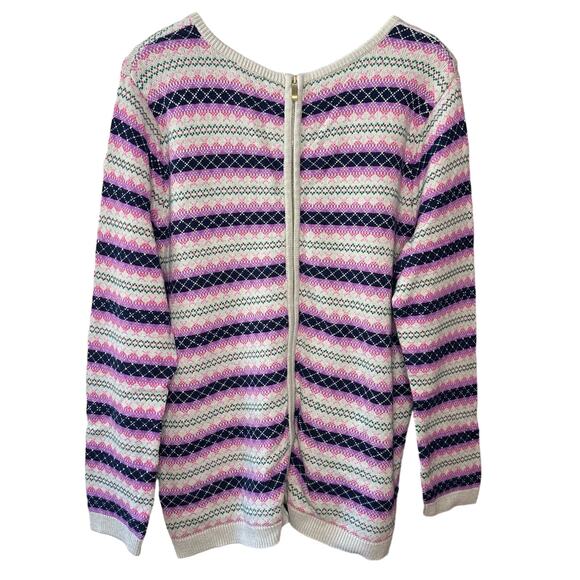 Talbots Fair Isle Multicolor Colorful Striped Crewneck Full Zip Back Sweater XL - Picture 2 of 5
